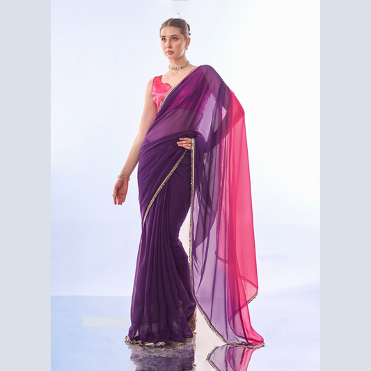 Satin Chiffon multicolor Purple Red Plain Saree