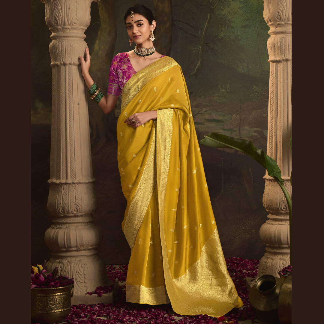 Yellow Silk Saree With Heavy Zari weaving Work And Tussles On Pallu & Designer Fancy Blouse Piece