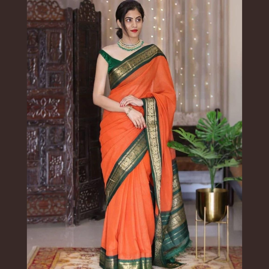 Soft Lichi Silk Saree with Exclusive Color Contrast Jacquard Border - Orange