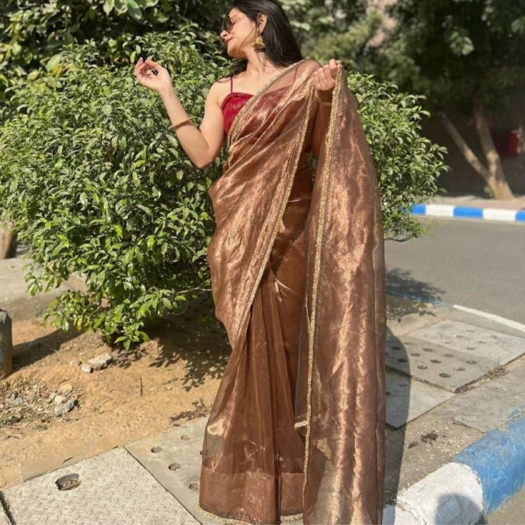 Designer Rose Gold Saree on Heavy tissue silk Fabric With Fancy Lace