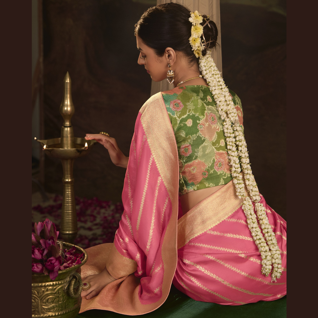 Pink Silk Saree With Heavy Zari weaving Work And Tussles On Pallu & Designer Fancy Blouse Piece