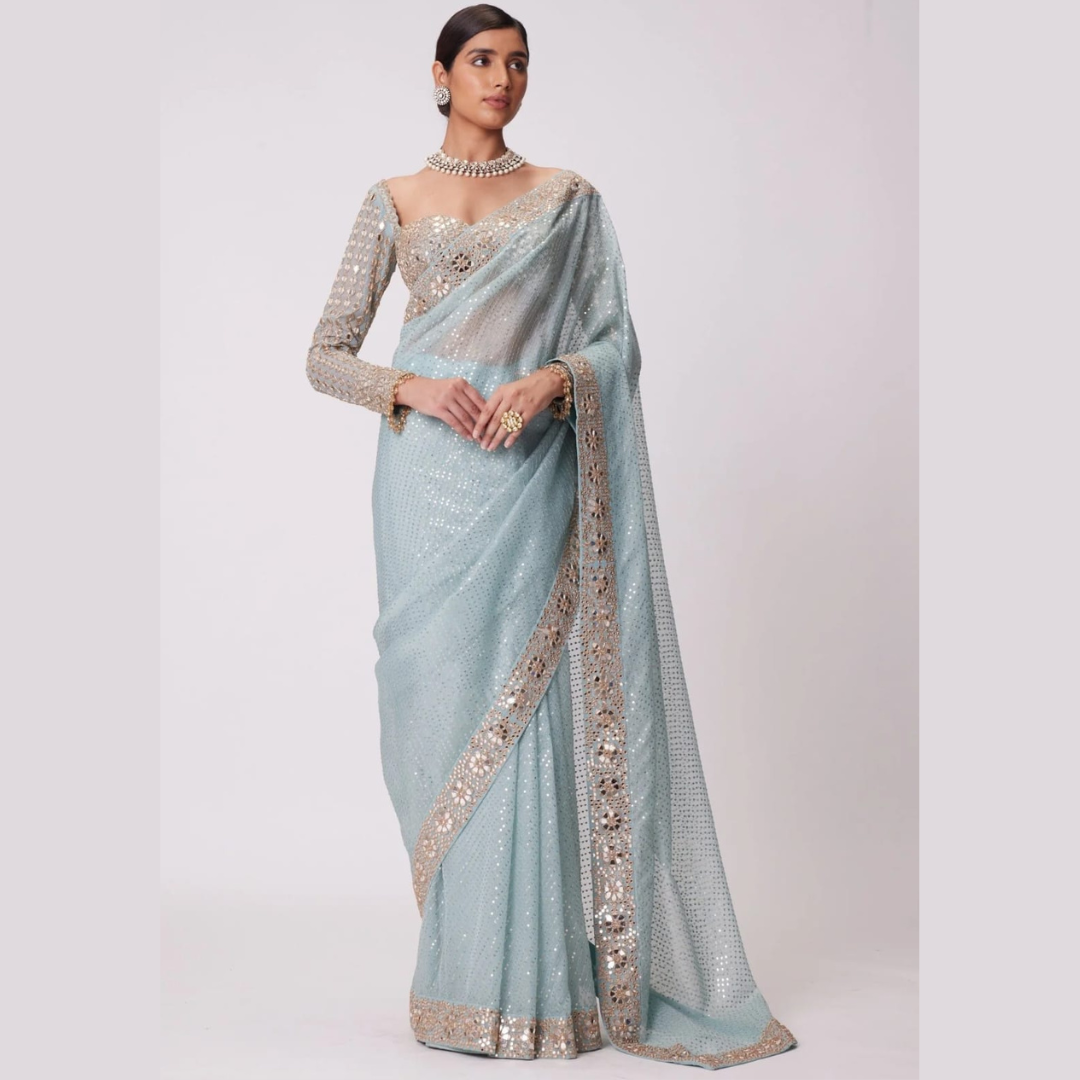 Sky Blue saree embellished with Sequin , Mirror Work & full sleeve blouse piece