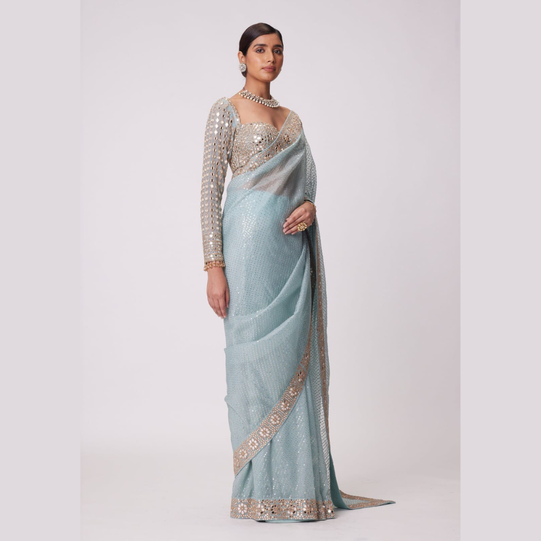 Sky Blue saree embellished with Sequin , Mirror Work & full sleeve blouse piece