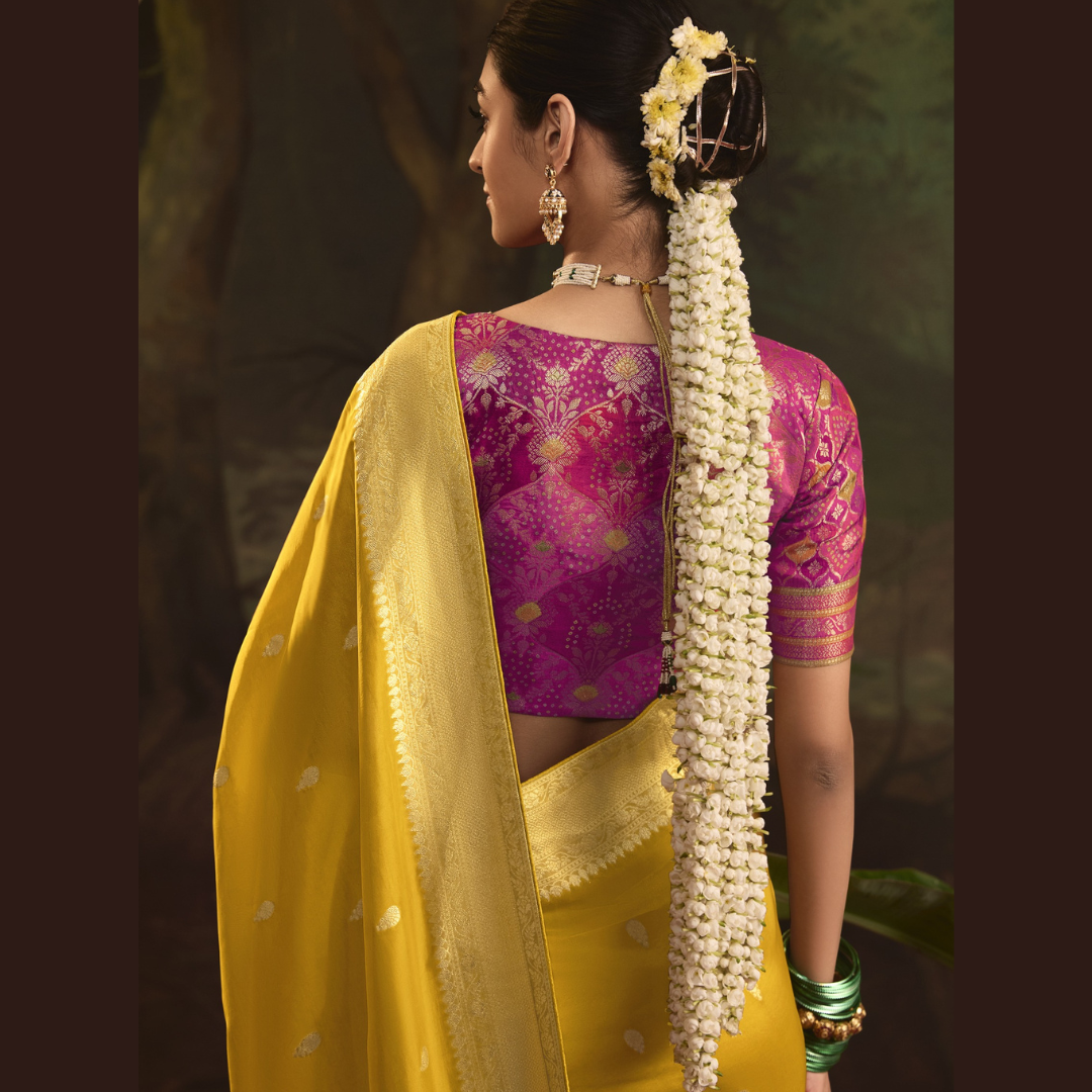 Yellow Silk Saree With Heavy Zari weaving Work And Tussles On Pallu & Designer Fancy Blouse Piece