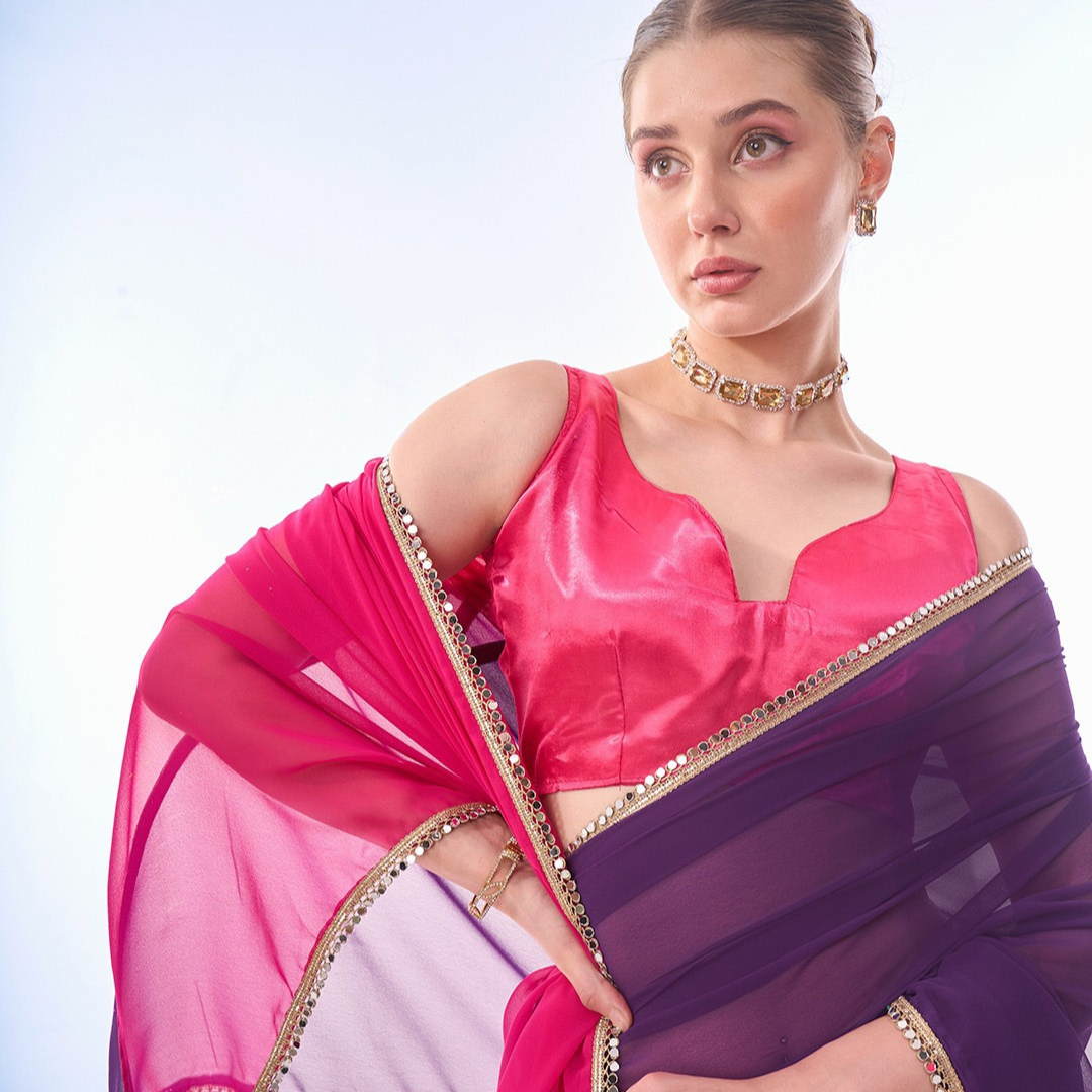 Satin Chiffon multicolor Purple Red Plain Saree