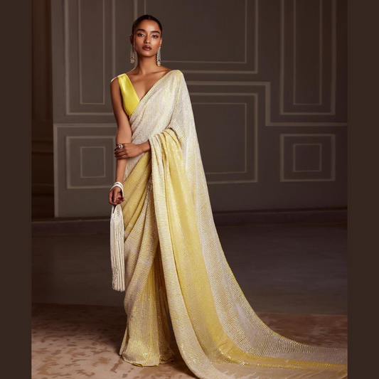 Georgette saree embellished with Sequin- Light Yellow