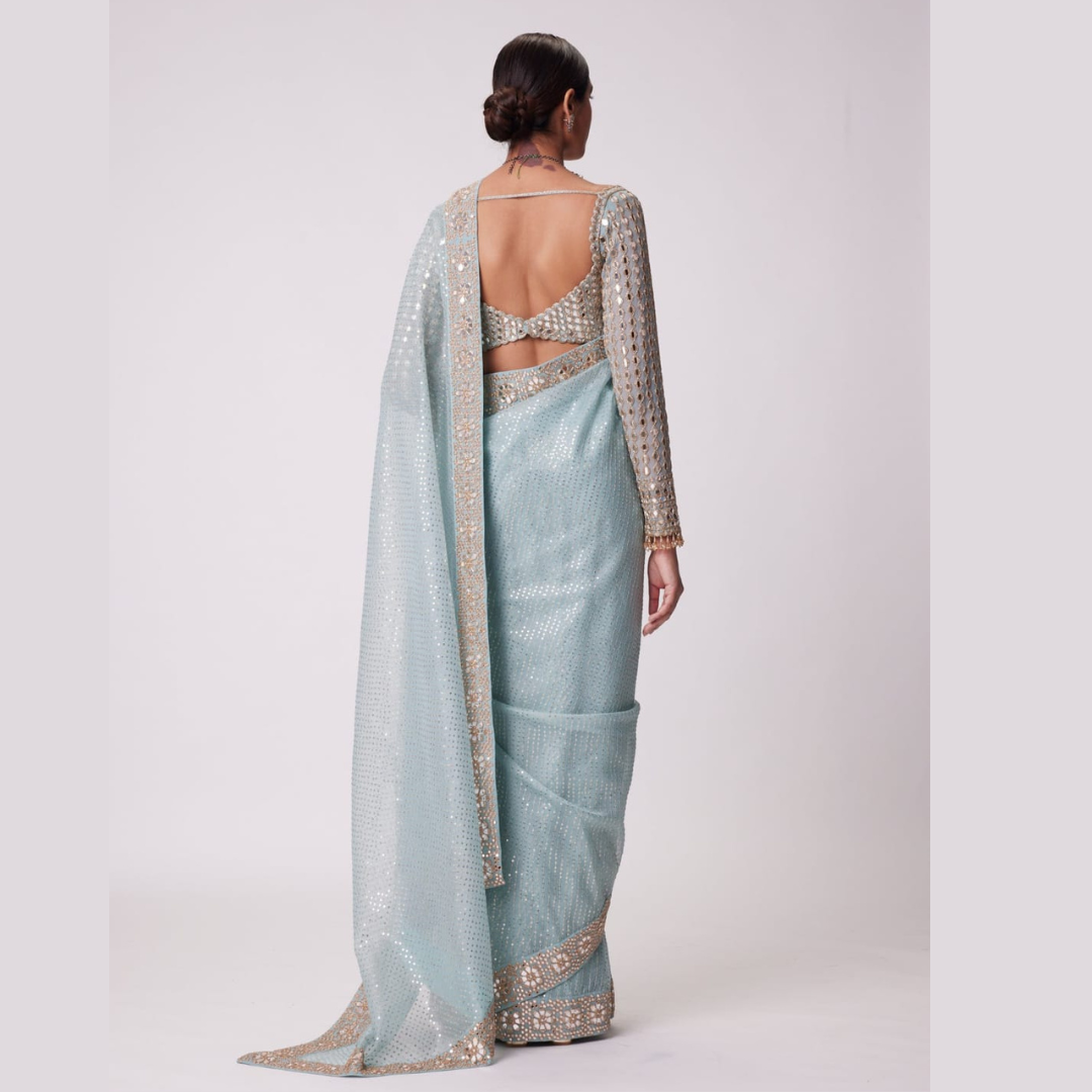 Sky Blue saree embellished with Sequin , Mirror Work & full sleeve blouse piece