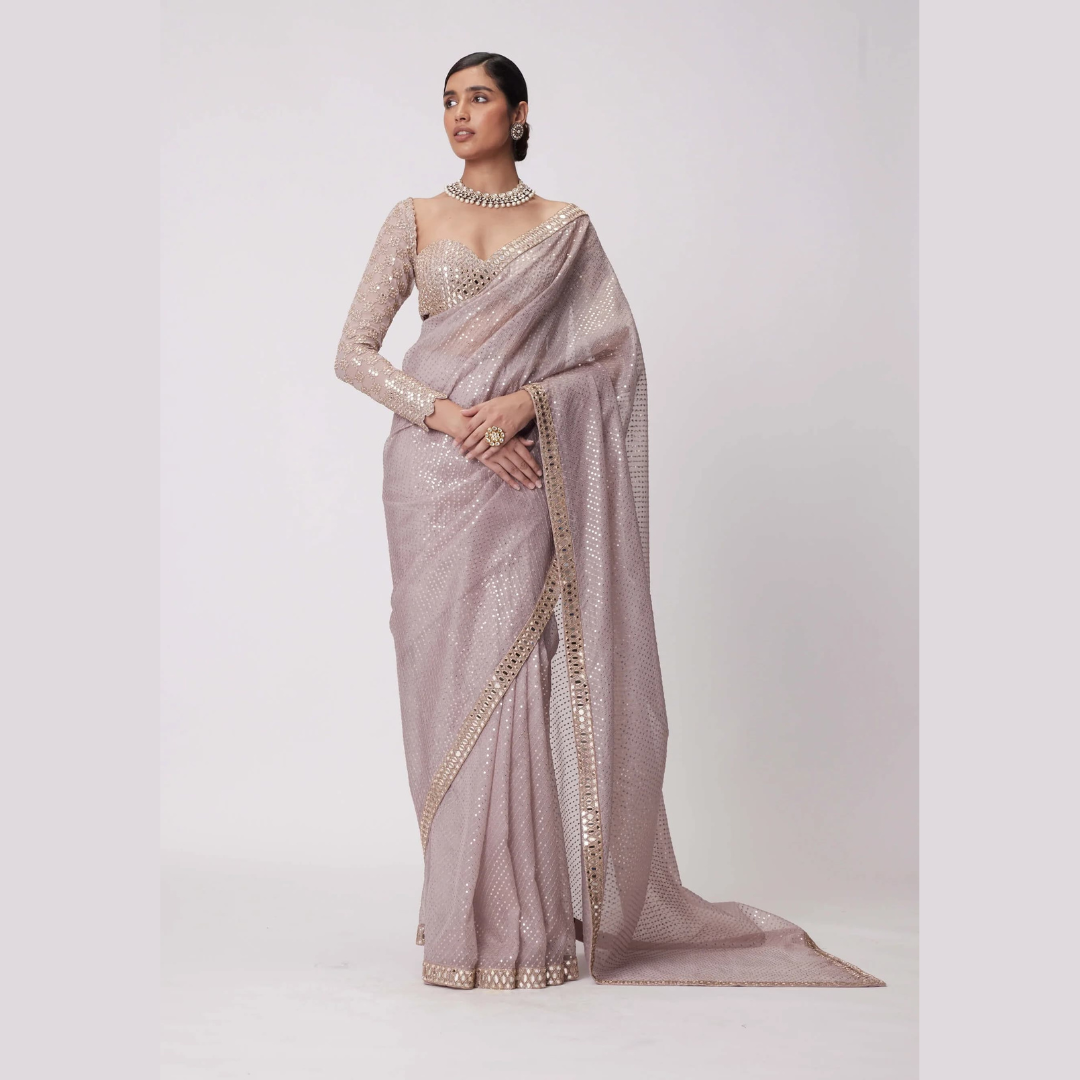 Pink saree embellished with Sequin , Mirror Work & full sleeve blouse piece