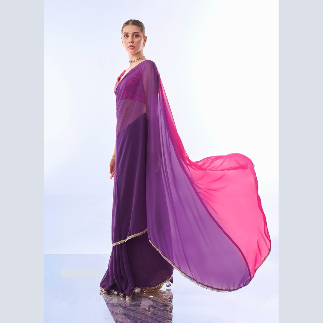 Satin Chiffon multicolor Purple Red Plain Saree