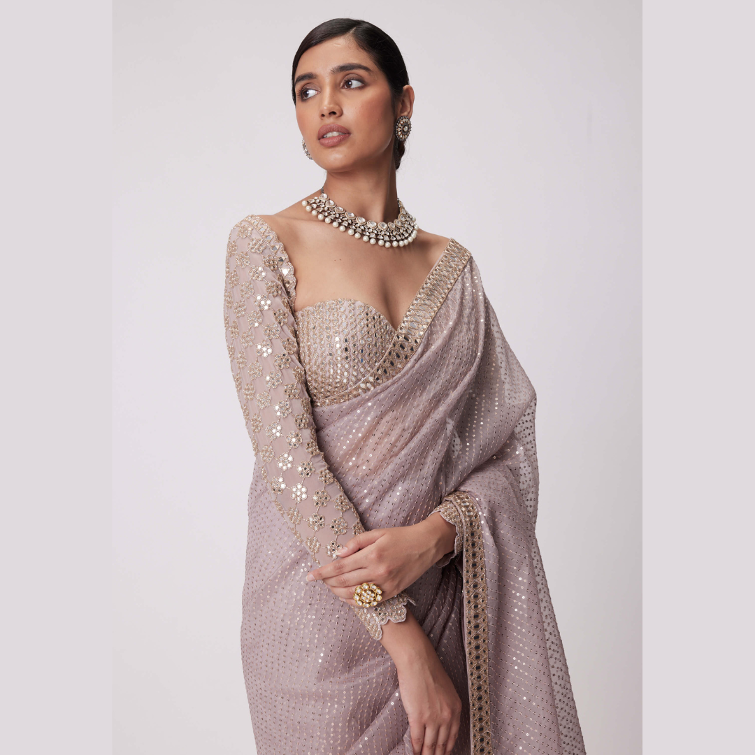 Pink saree embellished with Sequin , Mirror Work & full sleeve blouse piece