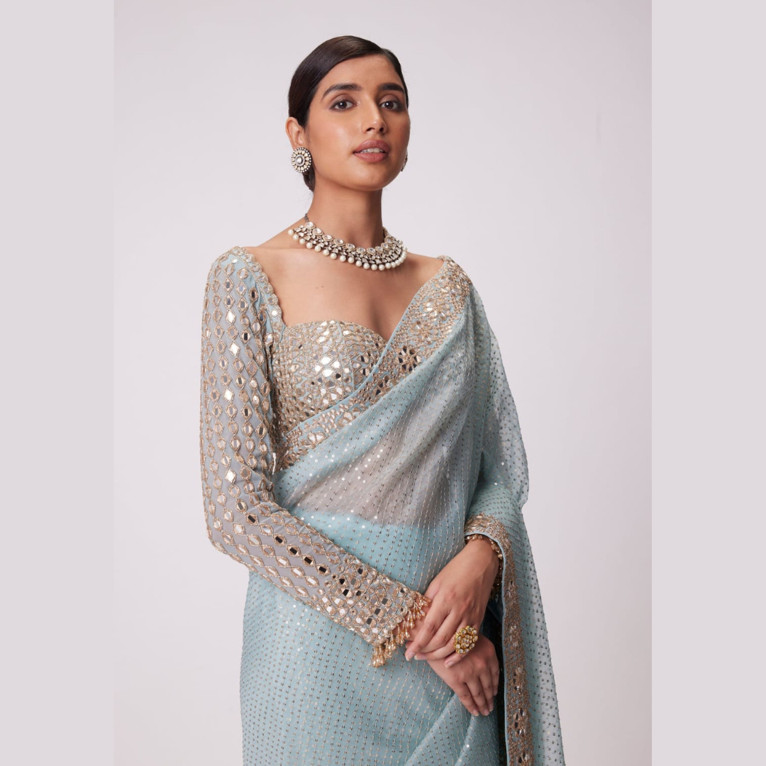 Sky Blue saree embellished with Sequin , Mirror Work & full sleeve blouse piece