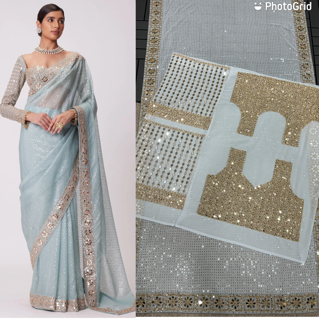 Sky Blue saree embellished with Sequin , Mirror Work & full sleeve blouse piece