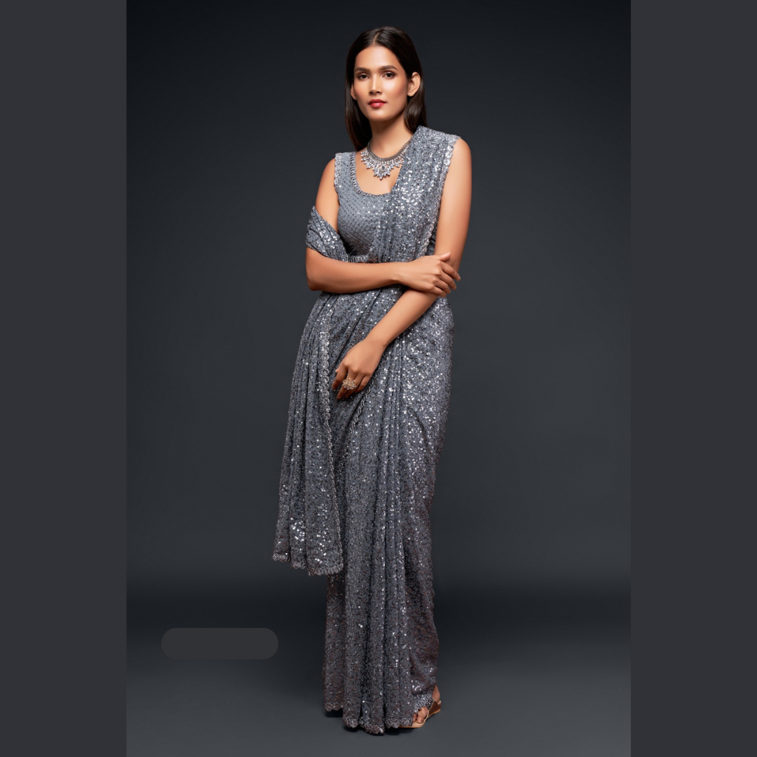 Grey Georgette saree embellished with sequin