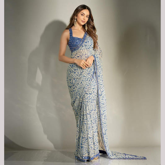 Blue Georgette Saree Embellished with Mirror work