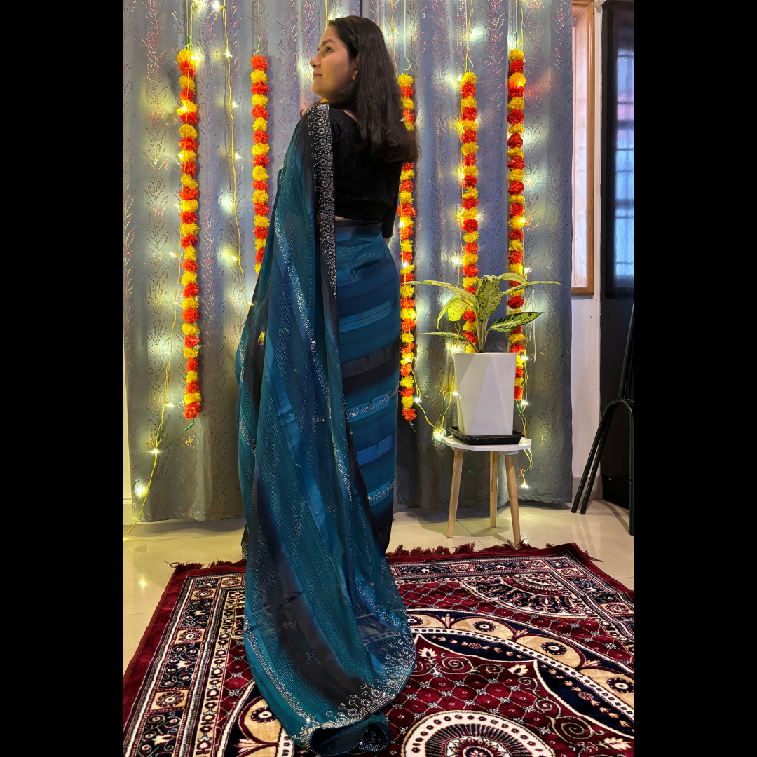 Dual Shade Blue and black ixed Silk saree embellished with stone work on border