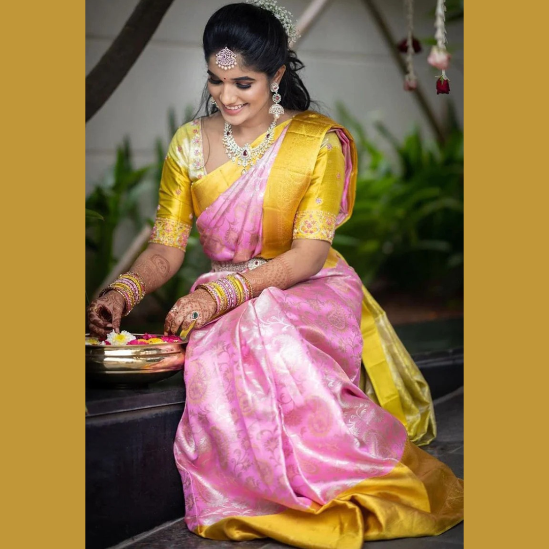 Soft Lichi Silk Saree with Exclusive Color Contrast Jacquard Border - Yellow and pink shade