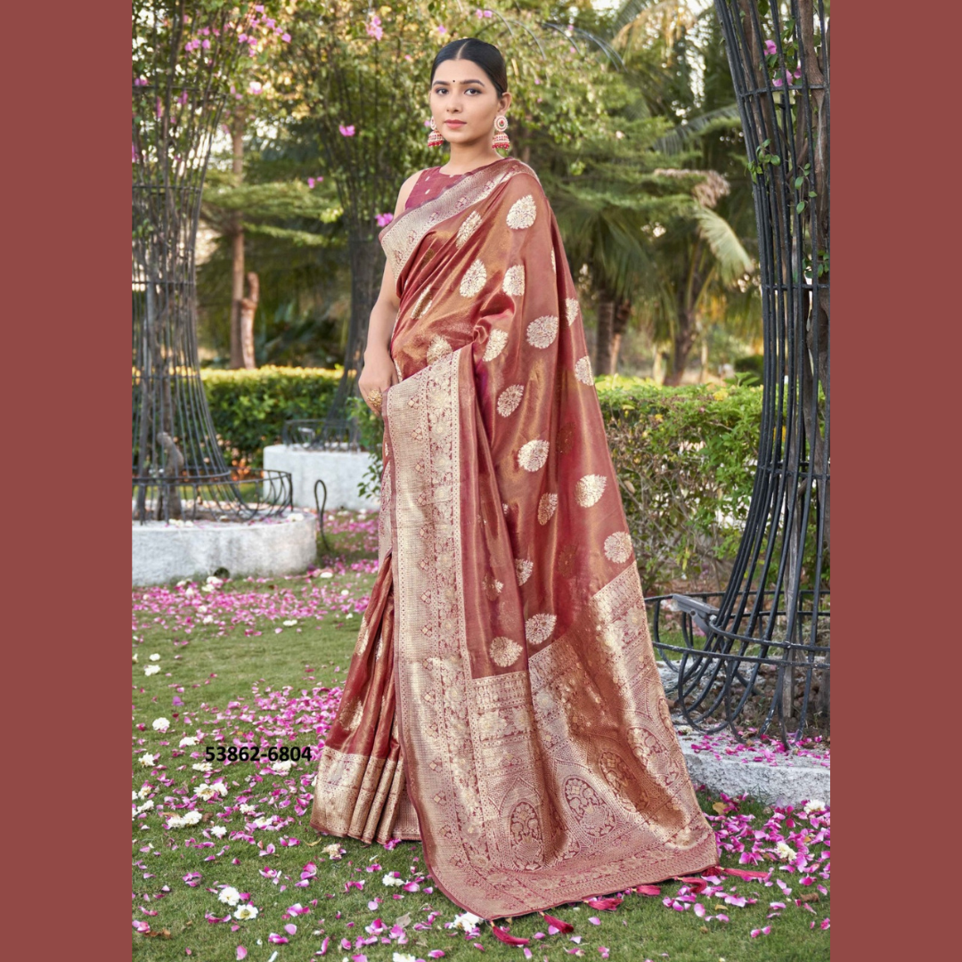 Soft Silk Saree with unstitched blouse piece - Rose Gold