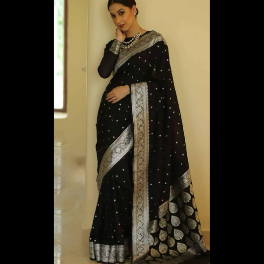 Soft Silk Saree with unstitched blouse piece - Black