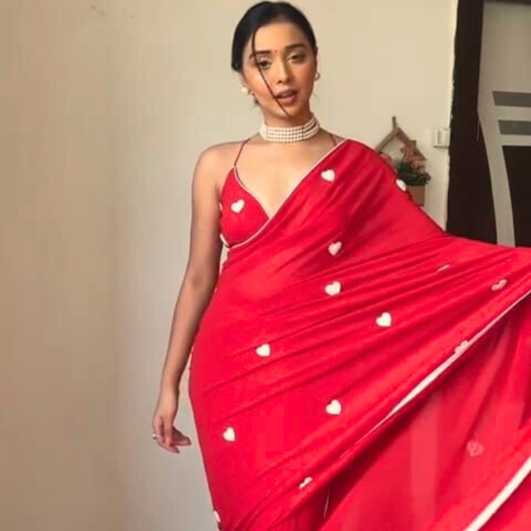 Ready to wear Red Saree with Heart Prints