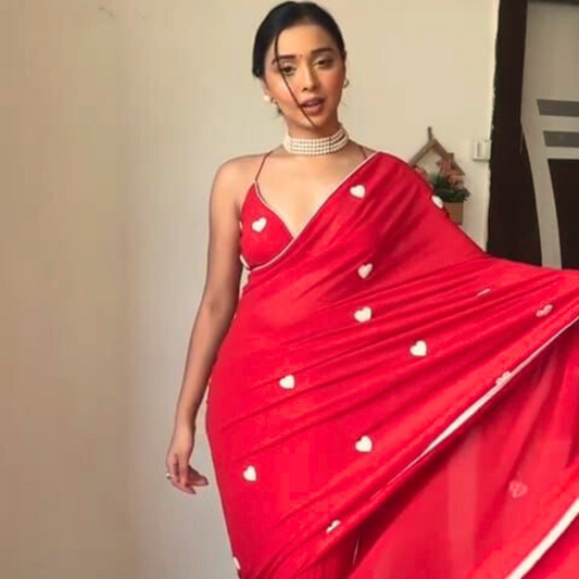 Ready to wear Red Saree with Heart Prints