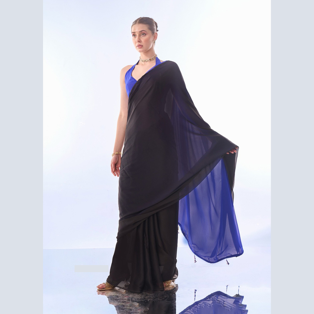 Black Satin Chiffon multicolor plain saree