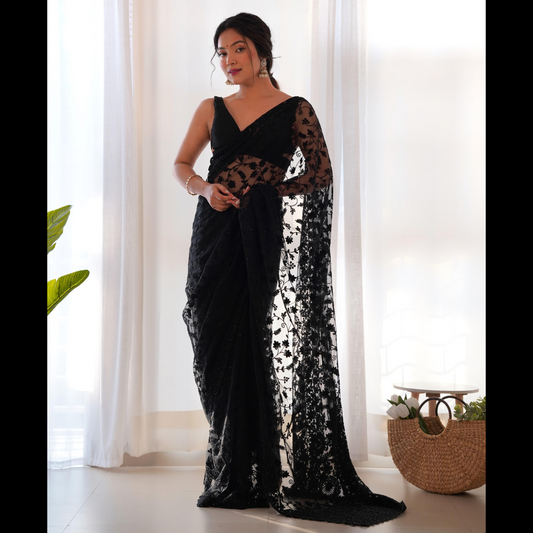 Beautiful Black Georgette saree embellished with Sequin  -Net