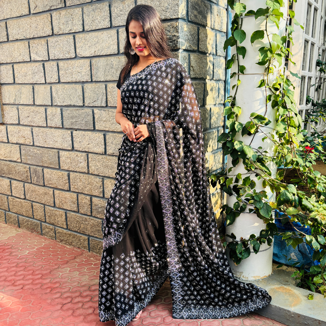 Black Georgette saree embellished with stone and pearls