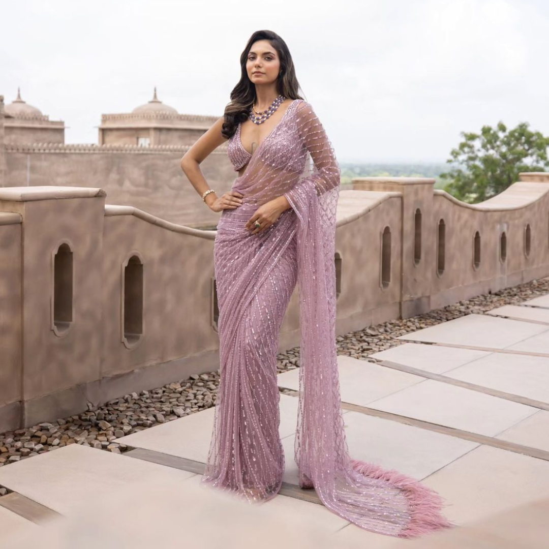 Pink Net Georgette saree embellished with Sequin