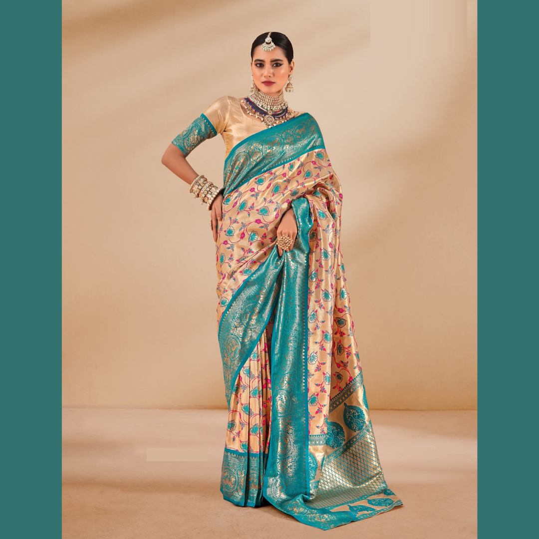 Soft Tissue Silk Saree with unstitched blouse piece - Teal