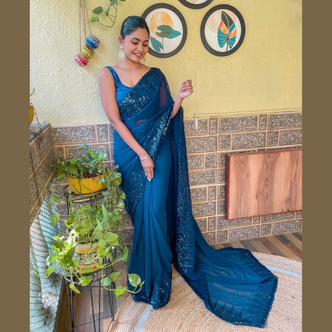 Georgette saree embellished with Sequin with belt - blue