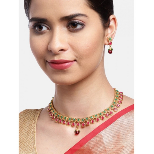 Women's Rose Gold Plated Alloy Necklace and Earrings Set (Green and Red)