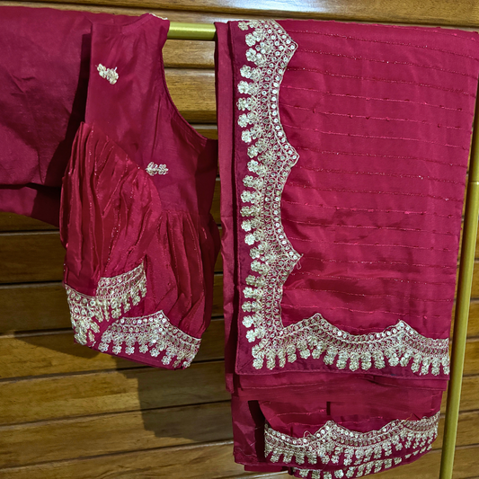 Rani Pink Silk saree embellished with Sequin on border and ready made blouse