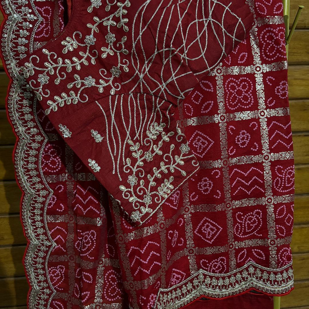 Red Silk saree embellished with Sequin on border and ready made blouse