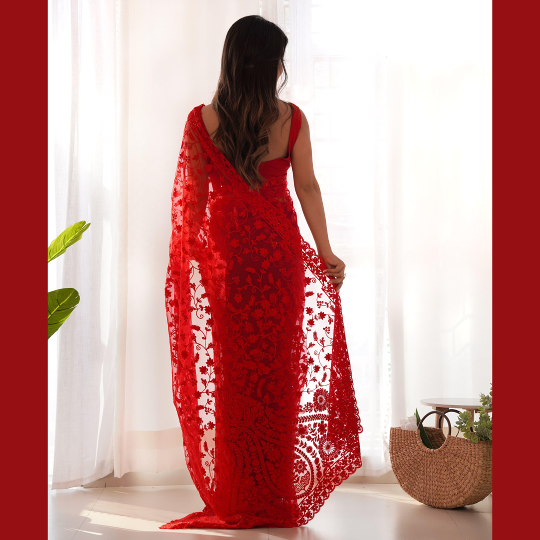 Red Georgette saree embellished with Sequin  -Net