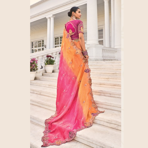 Pink & Orange Ombre Bridal Saree with Heavy Gold Zari Embroidery & Designer Blouse