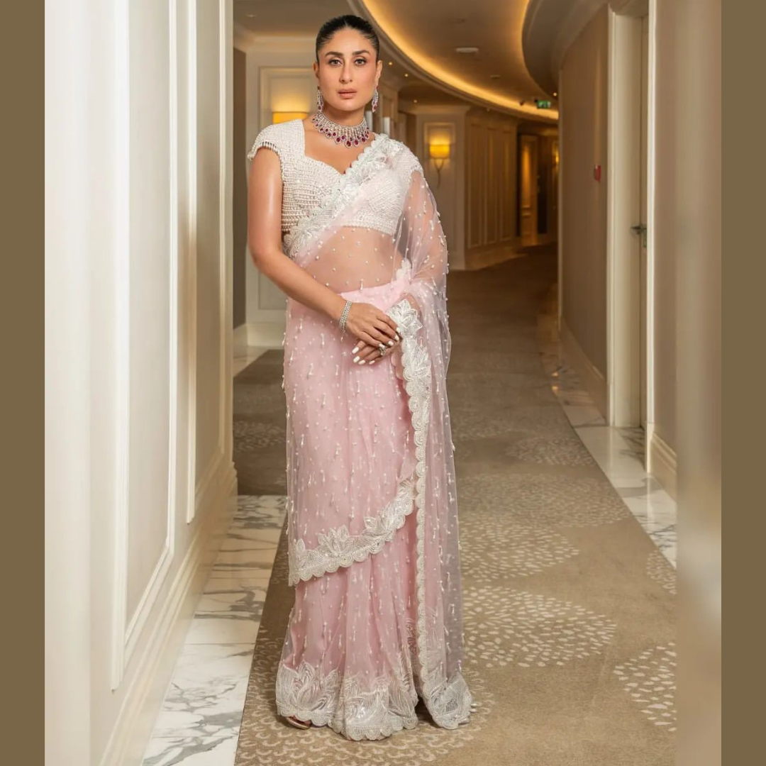 Pink Net saree embellished with Sequin