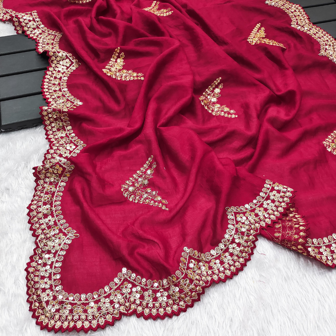 Rani Pink Silk saree embellished with Sequin in border & unstitched blouse piece