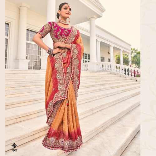 Magenta & Orange Ombre Bridal Saree with Heavy Gold Zari Embroidery & Designer Blouse