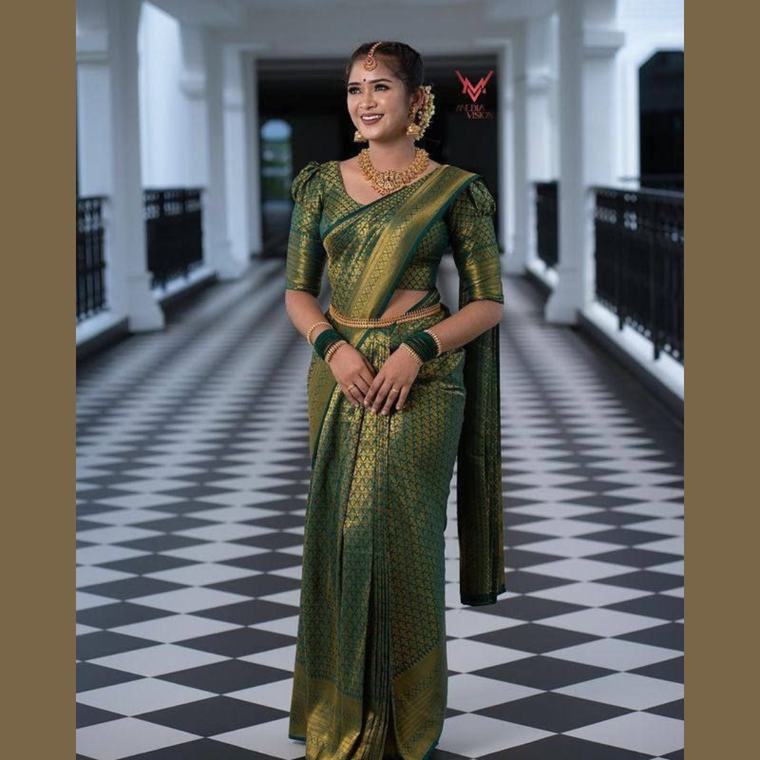 Green Soft Lichi Silk Saree with Exclusive Color Contrast Jacquard Border