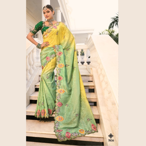 Yellow & Green Ombre Bridal Saree with Heavy Gold Zari Embroidery & Designer Blouse