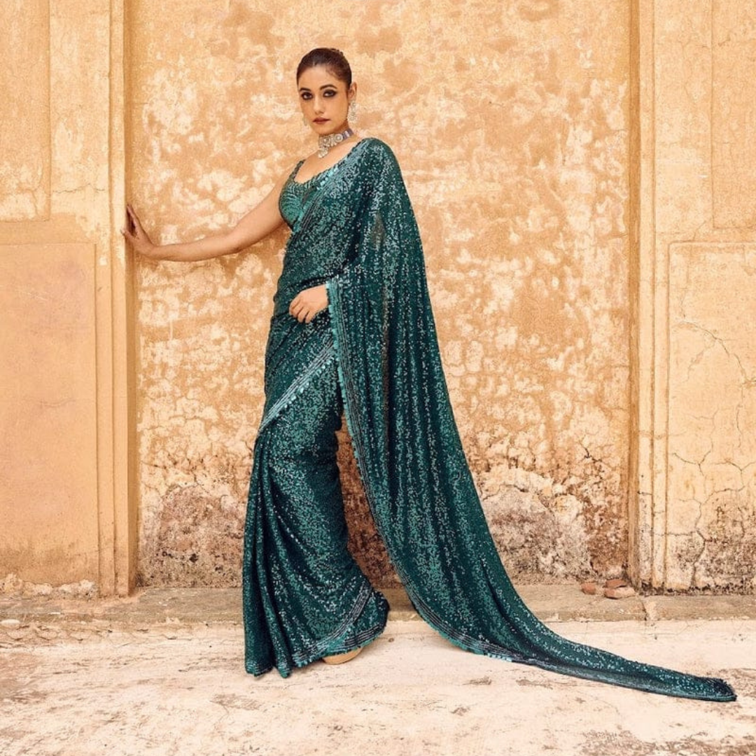 Blue Green Georgette saree embellished with Sequin on border and unstitched sequin blouse