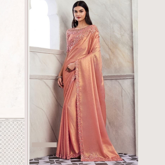 Peach Silk saree embellished with Sequin