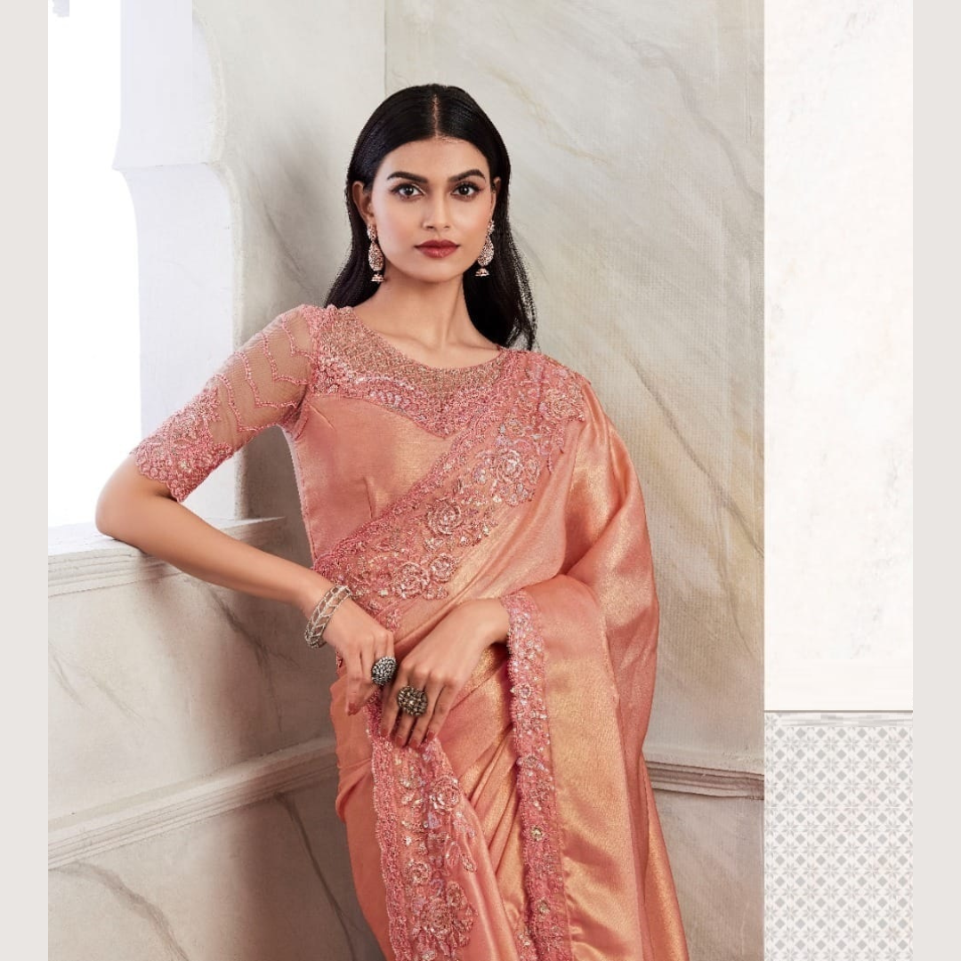 Peach Silk saree embellished with Sequin