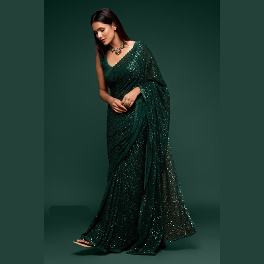 Dark Green Georgette saree embellished with sequin