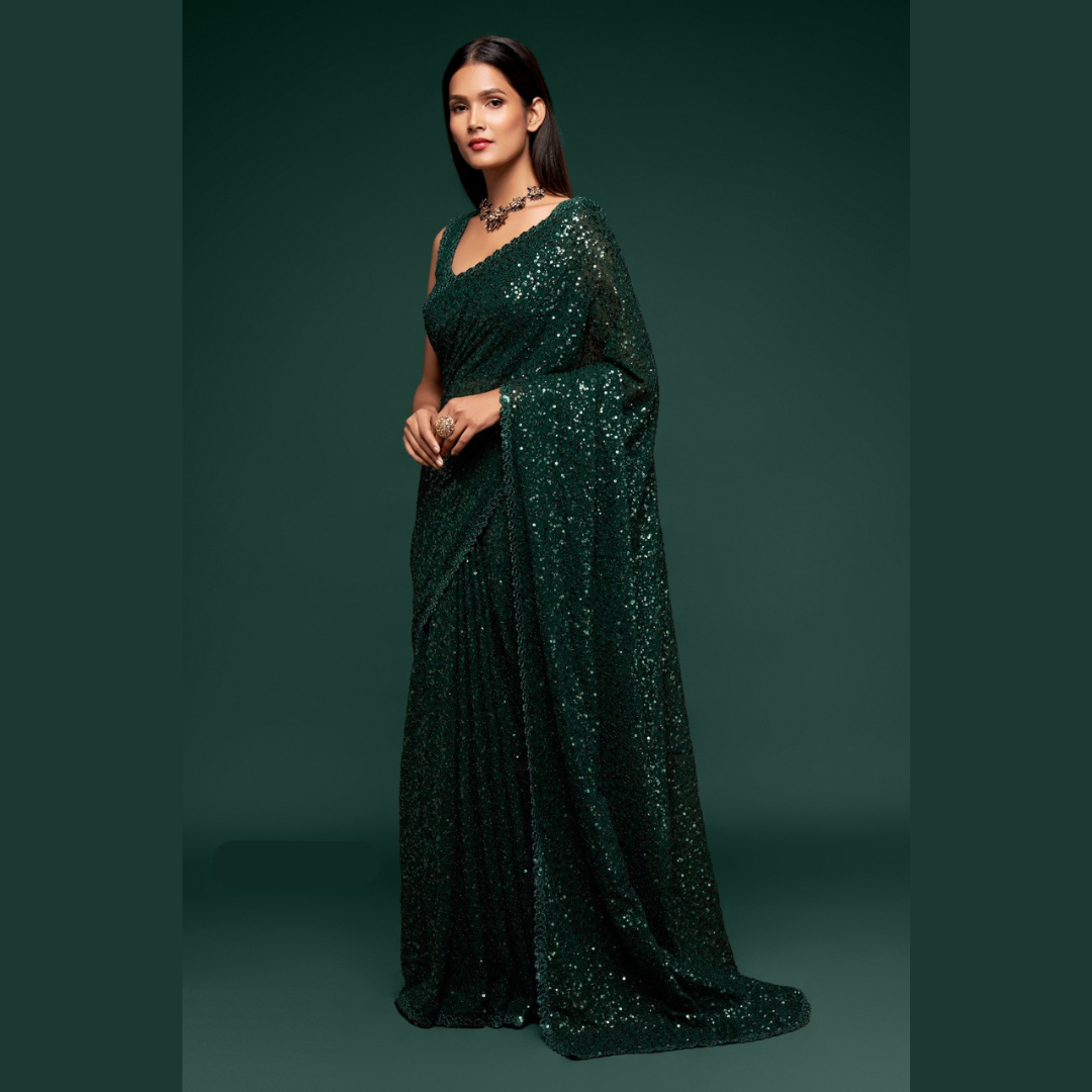 Dark Green Georgette saree embellished with sequin