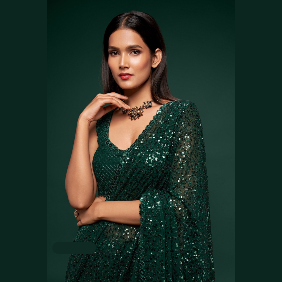 Dark Green Georgette saree embellished with sequin