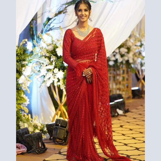 Red Net saree embellished with Sequin