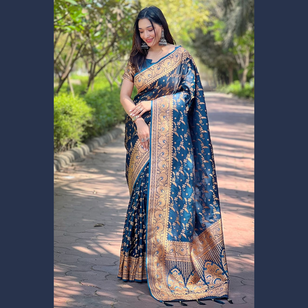 Pure Banarasi Katan Silk Saree with unstitched blouse piece - Blue