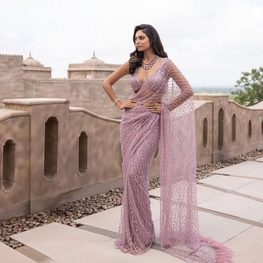 Pink Net Georgette saree embellished with Sequin