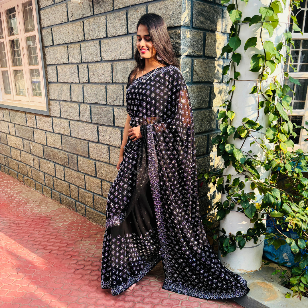 Black Georgette saree embellished with stone and pearls